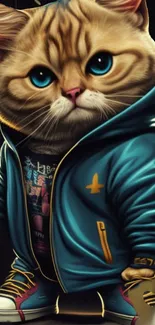 Illustrated cat wearing a teal hoodie with sneakers.