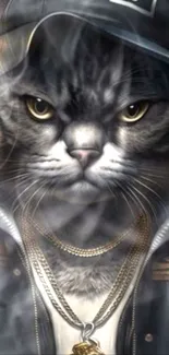 Cool cat with hoodie and gold chains in a stylish mobile wallpaper.