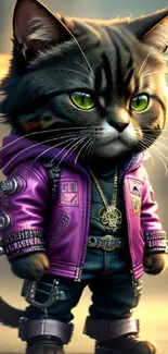 Adorable cat in purple jacket with green eyes, standing in an urban setting.