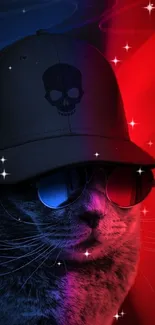 Cool cat wearing sunglasses and a skull cap with a red and blue background.