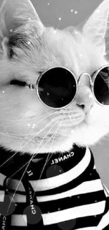 Stylish cat wearing sunglasses and a striped shirt in black and white.