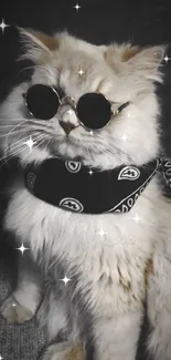 Fluffy cat wearing sunglasses and a bandana.