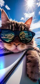 Cute cat wearing sunglasses on a boat with a sunny background.