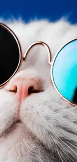 White cat with sunglasses on a blue background.