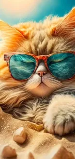 Fluffy cat with sunglasses enjoying beach vibes.