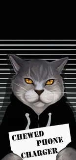 Cat with orange eyes holding a charger sign on black striped background.