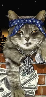 Cool cat with money and bling on a brick wall at night.