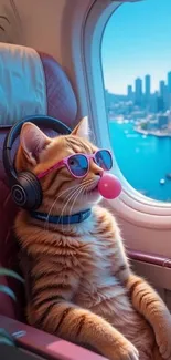 Cute cat with sunglasses and headphones on airplane seat.