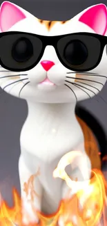 Cat with sunglasses surrounded by flames on a gray background.