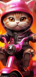 Cool cat on pink scooter with fiery backdrop.