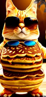 A stylish cat in sunglasses humorously stacked with pancakes.