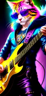 Colorful wallpaper of a cat rockstar playing an electric guitar with neon colors.