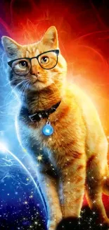 Stylish ginger cat in glasses against a cosmic red and blue background.