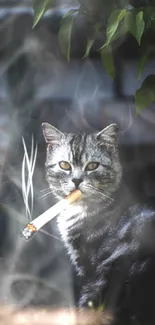 Cool cat with cigarette in nature setting mobile wallpaper.