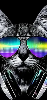 Cool cat wearing sunglasses and headphones on black wallpaper.