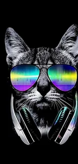 Cool cat with headphones and rainbow sunglasses on black background.