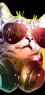 Cat wearing sunglasses and headphones on a neon splash background.