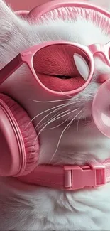 Cat wearing pink sunglasses and headphones with bubble gum.