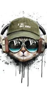 Cat wearing sunglasses, cap, and headphones in artistic style.