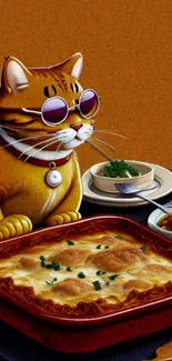 Cat with sunglasses admiring a lasagna.