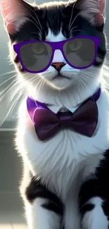 Cat wearing purple sunglasses and bow tie in stylish wallpaper.