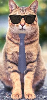 A stylish cat wearing sunglasses and a tie on a cool, green-toned background.