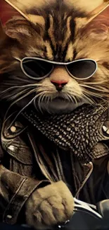 Cool cat with sunglasses and leather jacket on motorcycle.