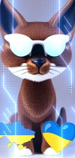 A brown cat with sunglasses and cool electric streaks on a vibrant wallpaper.