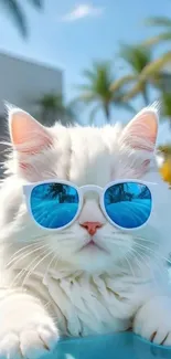 White cat with blue sunglasses by the pool.