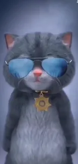 Stylish animated cat with sunglasses and badge on blue background.