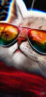 Cat wearing colorful sunglasses in graffiti-style wallpaper.