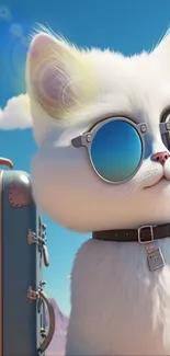 Adorable white cat in sunglasses with suitcase under a blue sky.