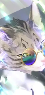 A cool cat wearing colorful sunglasses with a trendy vibe.