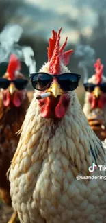 Chickens wearing sunglasses and smoking.