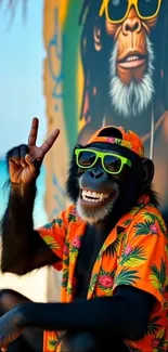 Chimpanzee in tropical shirt and sunglasses.