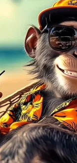 Chimpanzee in sunglasses, enjoying a coastal vibe.