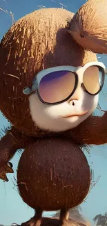 Coconut cartoon character with sunglasses in a tropical setting.