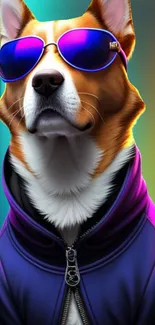 Corgi wearing sunglasses and a hoodie in vibrant colors.