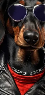 Dachshund wearing sunglasses and leather jacket.