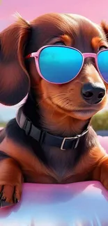 Dachshund wearing blue sunglasses on pink background.