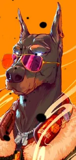 Illustrated dog with sunglasses on orange background wallpaper.