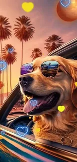 Dog wearing sunglasses in a car at sunset with palm trees.