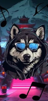 Cool dog in sunglasses with mountain and neon lights.