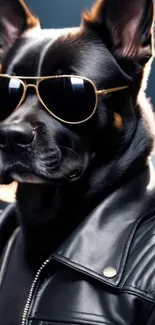 Stylish German Shepherd in sunglasses and leather jacket.