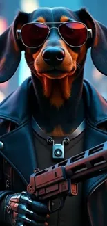 Dog in sunglasses and leather jacket holding a gun.