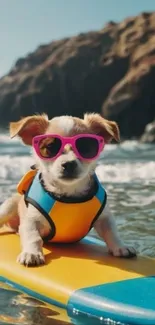 Dog wearing sunglasses on surfboard at beach.