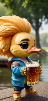 Cartoon duck with beer mug by a river.