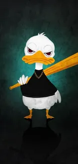 Cool cartoon duck holding a bat on dark background.