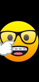 Vibrant emoji with glasses and braces on a black background.