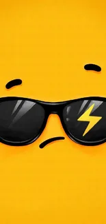 Yellow emoji with sunglasses and lightning reflection on a mobile wallpaper.